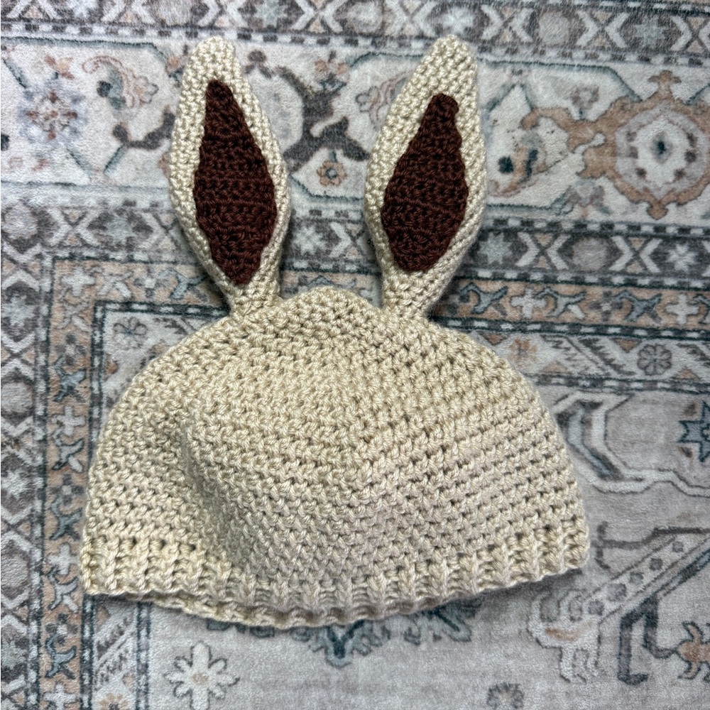 Handmade‎ Crochet Bunny Beanie - Neutral Cream & Brown - Size 12-18 Months